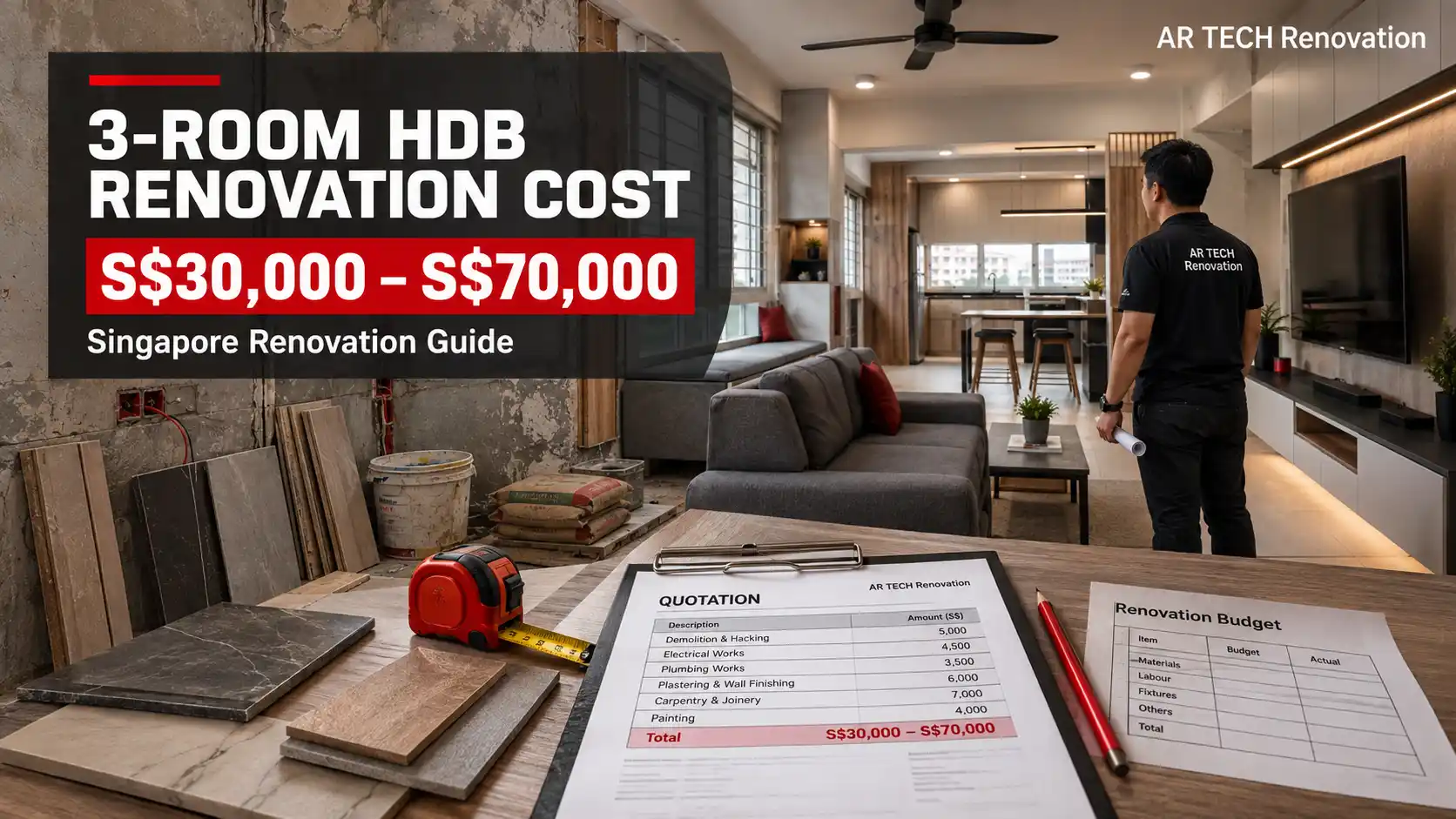 Cost to Renovate a 3-Room HDB Flat in Singapore, with a typical renovation budget of S$30,000 to S$70,000
