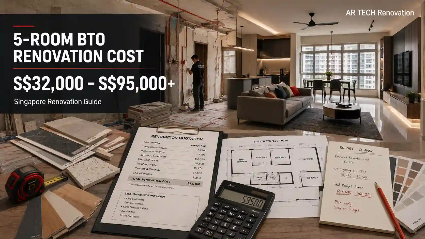 Cost to Renovate a 5-Room BTO Flat in Singapore, showing a typical renovation budget ranging from S$32,000 to S$95,000
