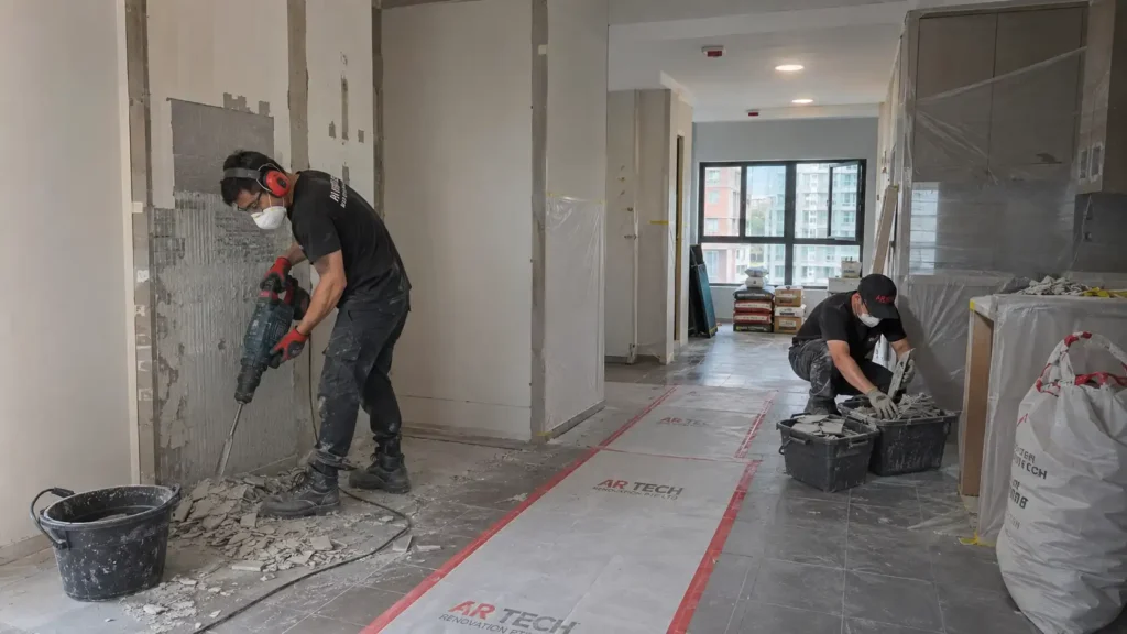 Contractors carrying out demolition and wet works in a Singapore apartment