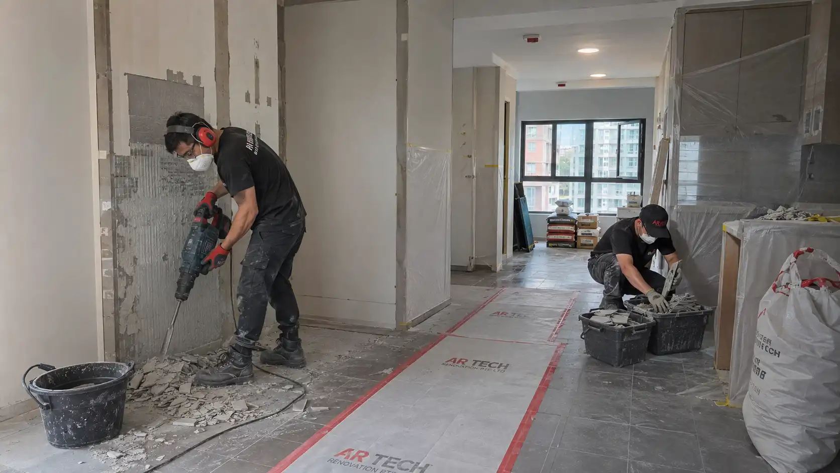 Contractors carrying out demolition and wet works in a Singapore apartment