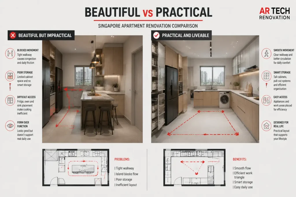 Functional home renovation design compared with impractical layout