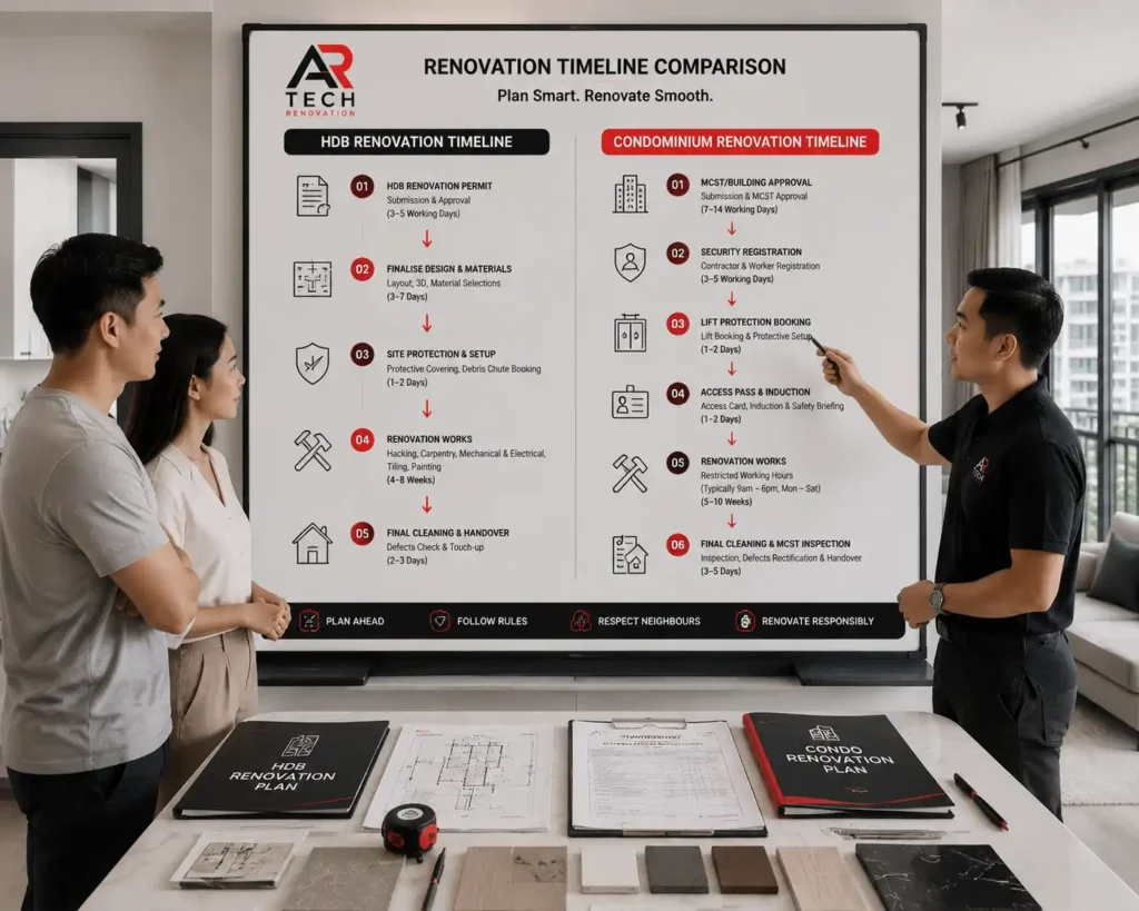 HDB vs condo renovation timeline and logistics in Singapore