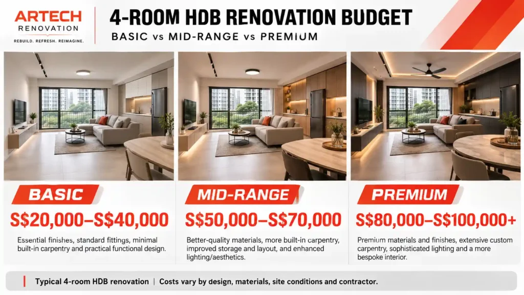 Basic mid-range and premium HDB renovation budget tiers in Singapore