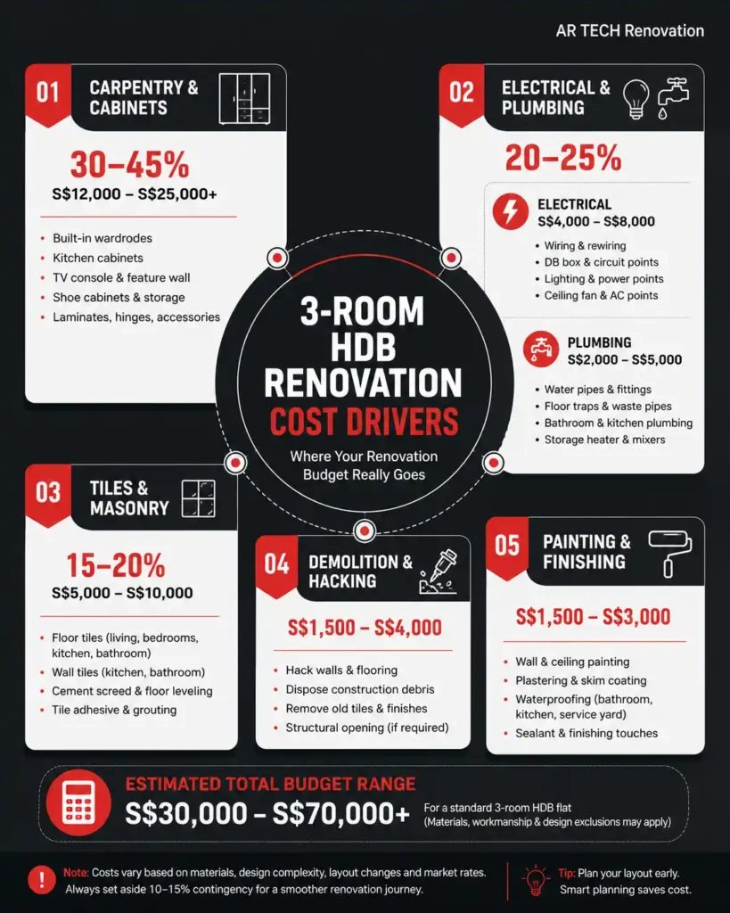 Cost to Renovate a 3-Room HDB Flat in Singapore: Infographic showing the major factors that influence renovation costs