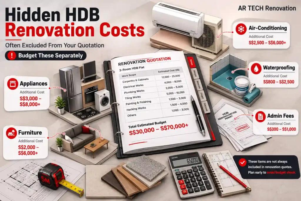 Hidden HDB renovation costs for air-conditioning, waterproofing, fees, appliances and furniture