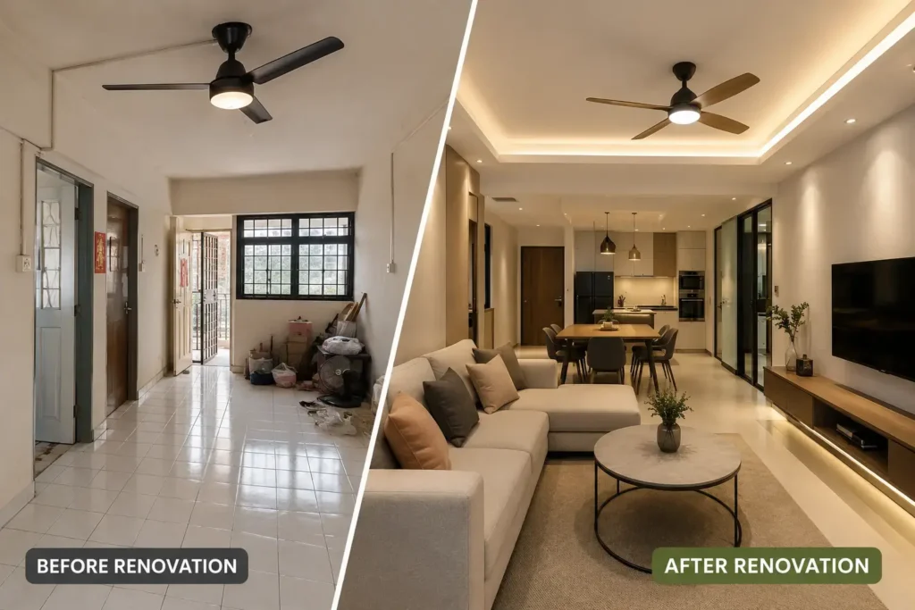 Home renovation in Singapore showing a modern renovated HDB living room