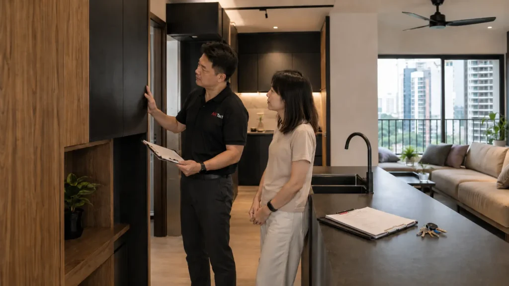 Contractor inspecting a completed home renovation before handover in Singapore
