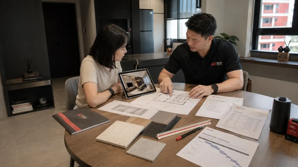 Homeowner reviewing a renovation floor plan and 3D design in Singapore