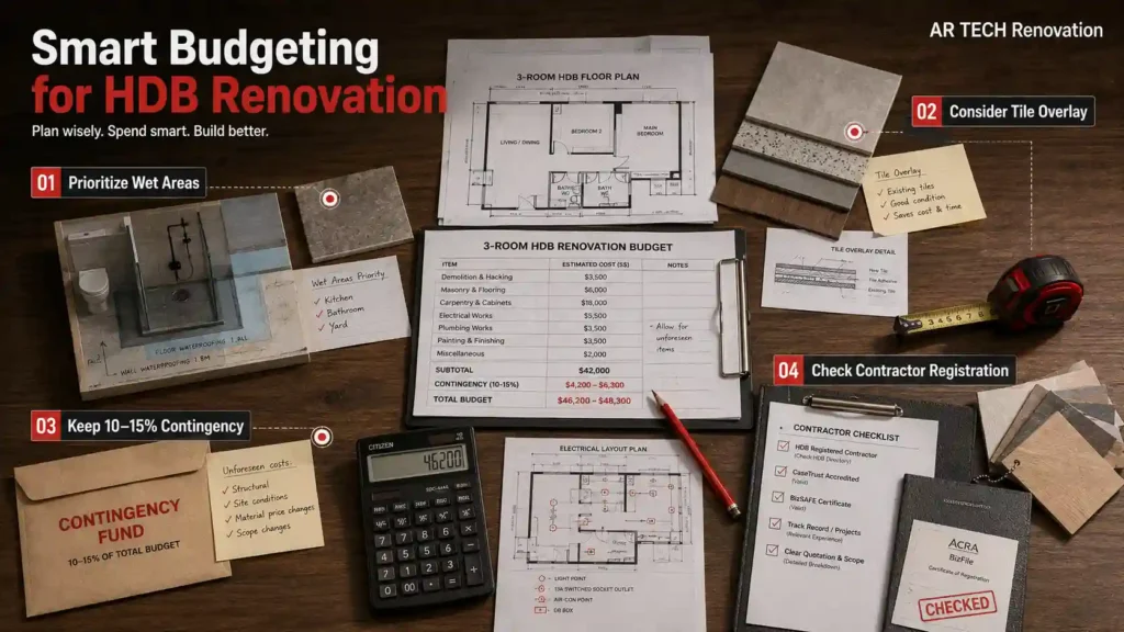 Smart budgeting plan for a 3-room HDB renovation with a contingency fund